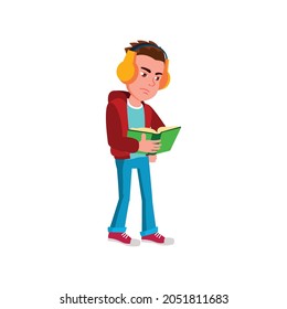 sad man reading book and listening music in earphones cartoon vector. sad man reading book and listening music in earphones character. isolated flat cartoon illustration