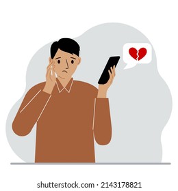 Sad man reading a message on his mobile phone. Message with a broken red heart. Vector flat illustration