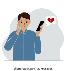 Sad man reading a message on his mobile phone. Message with a broken red heart. Vector flat illustration