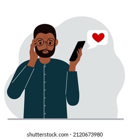 A sad man reads a message on his mobile phone. Message with red heart. Vector flat illustration