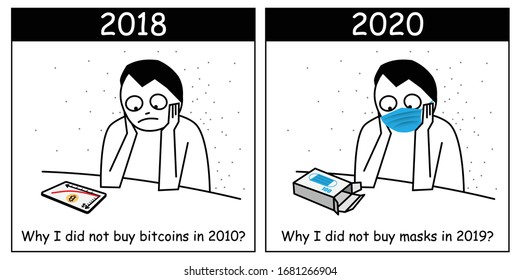 Sad Man Regretting Not Buying Bitcoin And Medical Masks In The Past. Looser. Vector Illustration.