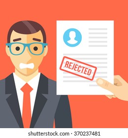 Sad man and rejected application form flat illustration concept. Modern flat design concepts for web banners, websites, printed materials, infographics. Red background. Creative vector illustration