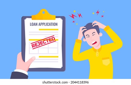 Sad Man And Rejected Loan Application Form Flat Style Design Vector Illustration. Bad Credit Reject Form Business Concept.