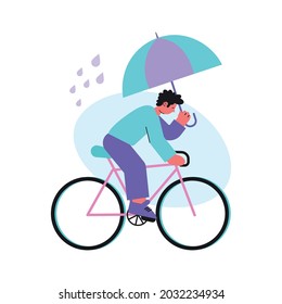 Sad man riding bike under umbrella in nasty rainy weather flat vector illustration
