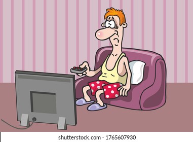 A sad man in shorts and a T-shirt with an unhappy face sits on the couch, holds a TV remote in his hand, watches TV. Stay home in quarantine to prevent coronavirus. Vector illustration.