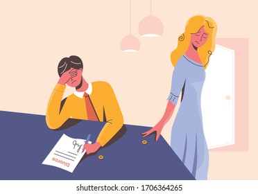 Triste hombre firmando los documentos de divorcio en la mesa y decepcionó a la mujer sacando su anillo de bodas. Una pareja infeliz con angustia. Exmarido y ex esposa separados. La situación estresante en la familia.
