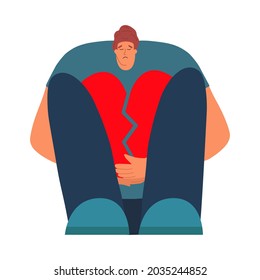 Sad man sits with a broken heart shape in his hands. Breaking up a relationship with a girl. The guy is worried about love experiences. Vector illustration in flat style