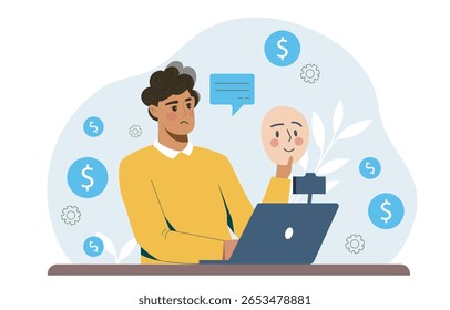 Sad man sits at a desk with a laptop, holding a smiling mask in front of a camera, on a light abstract background with dollar signs and gears. Concept of online persona. Vector illustration