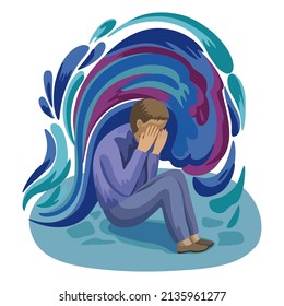 A sad man sits with his face in his hands.Vector hand drawn cartoon conceptual illustration about depression.
