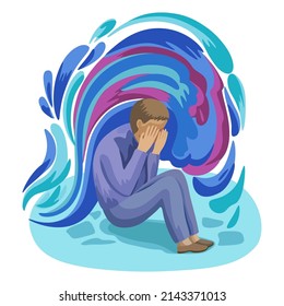 A sad man sits with his face in his hands.Vector hand drawn cartoon conceptual illustration about depression.