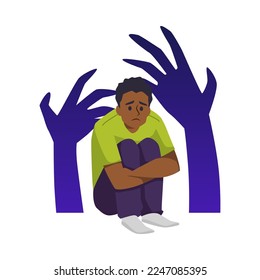 Sad man sits hugging knees flat style, vector illustration isolated on white background. Huge dark hands, stress metaphor, emotional character. Design element