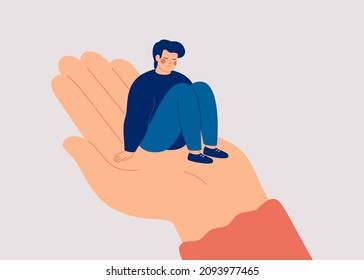 Sad man sits on the big human hand and needs care and support. Counselor helps a lonely teenager boy to get rid of depression. Support and care concept for people under stress. Vector illustration