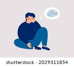 Sad man sits on the floor with tangled thoughts. The unhappy boy has confused thinking. The depressed male adolescent has memory problems. Concept of mental disorder or illness. Vector illustration