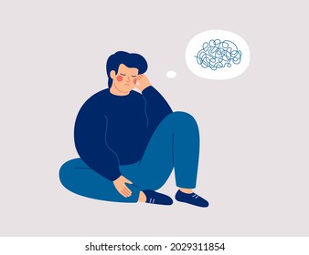 Sad man sits on the floor with tangled thoughts. The unhappy boy has confused thinking. The depressed male adolescent has memory problems. Concept of mental disorder or illness. Vector illustration