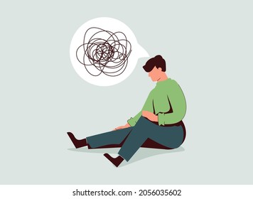 Sad man sits on the floor with tangled thoughts. The unhappy boy has confused thinking. The depressed male adolescent has memory problems. Concept of mental disorder or illness. Vector illustration