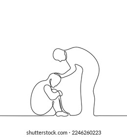 sad man sits on the floor hugging his legs and another standing above him strokes his head - one line drawing vector. the concept of comfort, comfort, compassion, empathy, kindness, mercy, pity