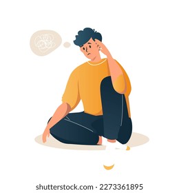 Sad man sits on the floor with tangled thoughts. Confused boy thinking. Depressed guy adolescent has memory problems, headache. Unhappy male touching body with painful expression. Vector illustration