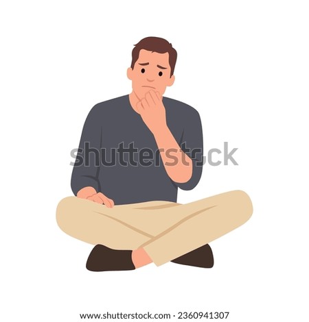 Sad man sits on the floor with tangled thoughts. The unhappy boy has confused thinking. The depressed male adolescent has memory problems. Flat vector illustration isolated on white background