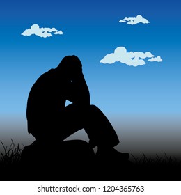 A sad man sits on a stone, holds his hands behind his head, a silhouette on a blue cloudy background, vector