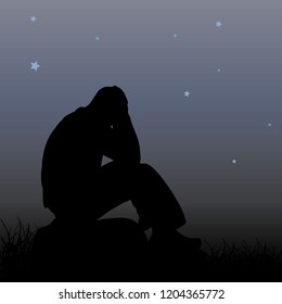 A sad man sits on a stone, holds his hands behind his head, a silhouette on a night background and stars, vector