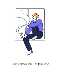 Sad man sits on window sill and smoking. Depressed person with cigarette. Unhappy exhausted character in stress. Concept of loneliness, life crisis. Flat isolated outline vector illustration on white