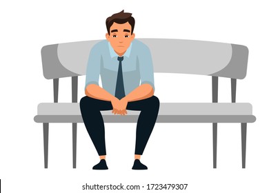 Sad man sits at sofa alone isolated person. Yong guy suffering from depression, experiences dismissal, gets into difficult life situation, despair, hopelessness feeling. Vector character illustration
