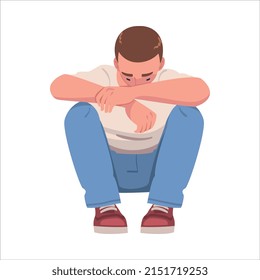 Sad Man Sitting with Bend Knees Suffering from Abuse and Bullying Vector Illustration