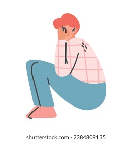 Sad Man Sitting with Bend Knees Being Victim of Fraud Vector Illustration