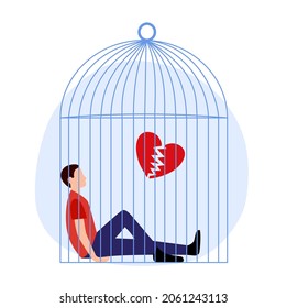Sad man sitting in a cage with red broken heart in flat design on white background. Breakup relationship.