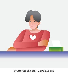 El hombre triste está sentado y llorando de tristeza por la forma de corazón roto y hueco en el pecho