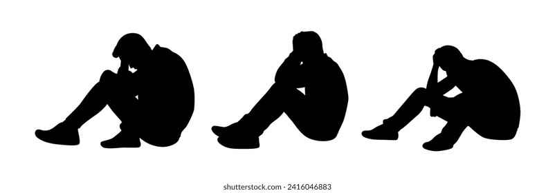 Sad man sitting and holding head, worried about something, man feeling upset, sad, unhappy or disappoint crying lonely