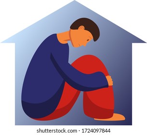 A sad man sitting in house. Self-quarantine. Self-isolation during coronavirus quarantine.  Depression and loneliness.  Vector illustration, eps 10.