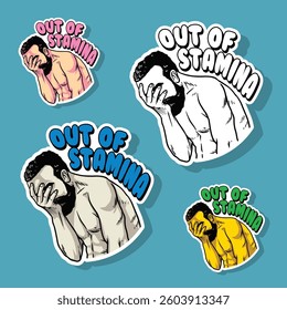 A sad man sitting hunched over, covering his face with hand and "out of stamina" text on top. A simple and funny sticker illustration showing tiredness, stress, or feeling drained