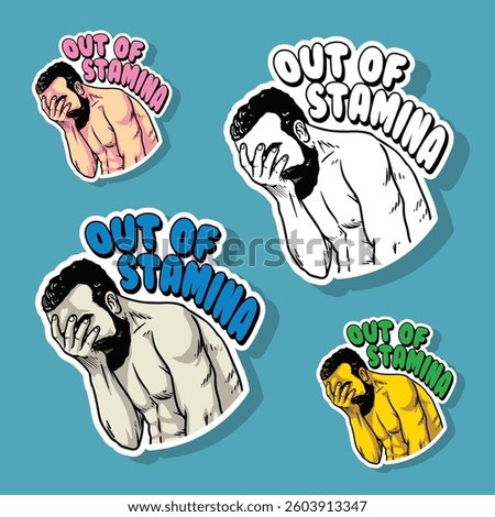 A sad man sitting hunched over, covering his face with hand and "out of stamina" text on top. A simple and funny sticker illustration showing tiredness, stress, or feeling drained