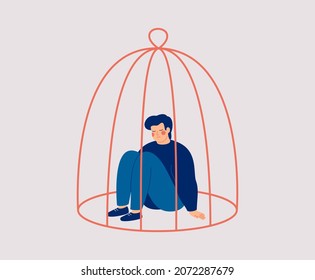 Sad man sitting inside the closed cage. Influence of lockdown on mental health. Concept of restrictions on human rights and freedoms in society. Vector illustration 