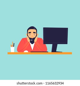 Hombre triste sentado cerca de la computadora, la vida en la oficina. Ilustración vectorial de diseño plano.