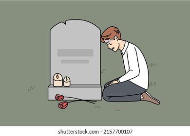 Sad man sitting near grave at cemetery mourning after passed wife or mother. Unhappy desperate widower put flowers and candles on memorial day yearning and missing. Vector illustration. 