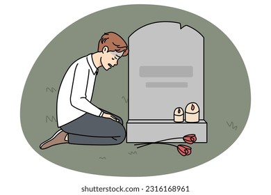 Sad man sitting near grave at cemetery mourning after passed wife or mother. Unhappy desperate widower put flowers and candles on memorial day yearning and missing. Vector illustration.