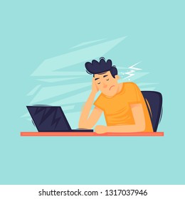 Sad man sitting near the laptop, depression, apathy. Flat design vector illustration.