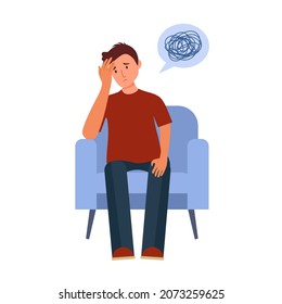 Sad man sitting on armchair in flat design. Front view of unhappy guy worrying about his problem.