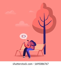 Sad Man Sitting on Bench in Park with Smartphone Show Low Battery Indicator. Frustrated Male Character Chatting in Social Media Network Need to Charge Cellphone Outdoor. Cartoon Vector Illustration