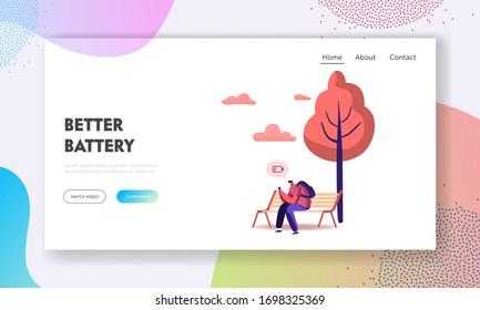 Sad Man Sitting on Bench in Park with Smartphone Show Low Battery Indicator Landing Page Template. Character Chatting in Social Media Network Need to Charge Cellphone. Cartoon Vector Illustration