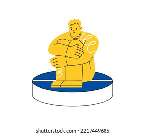 Sad man sitting on big pill. Mental disorders concept. Colorful vector illustration
