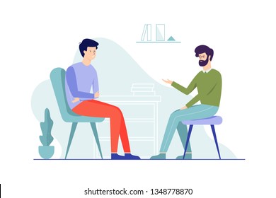 Sad Man Sitting On The Chair Talking To Male Psychologist. Visit To Psychiatrist And Depression Treatment. Mental Health Professional. Isolated Flat Vector Illustration