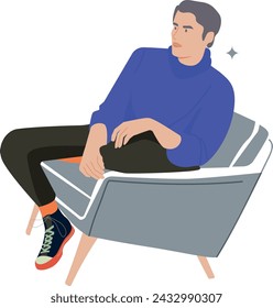Sad man sitting on chair and thinking. Young relaxed boy at creative work set. Serious cartoon male character resting. Artist, author, blogger. Flat graphic vector illustration isolated