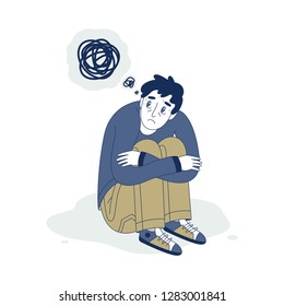Sad man sitting on the floor on a white background. Vector illustration.