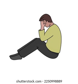 El hombre triste está sentado en el suelo. Color del vector de vista lateral ilustración aislada en el estilo de contorno relleno.