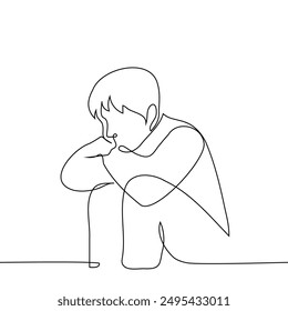 sad man sitting on the floor with arms crossed and head down - one line art vector. concept male depression, apathy, helplessness, sadness, melancholy, laziness. Handmade vector not AI