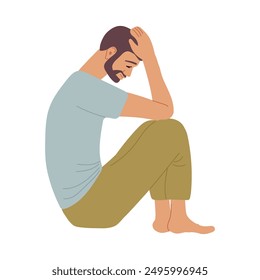 Sad man is sitting on floor with his head in his hands. Man experiencing headache, migraines, stress, depression. Suffering of Ache, Stress, Pain or Migraine Frustration. Flat vector illuctration.