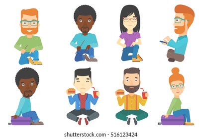 Sad man sitting on floor and eating hamburger and drinking soda. Sorrowful man eating fast food. Unhappy man looking at fast food. Set of vector flat design illustrations isolated on white background.